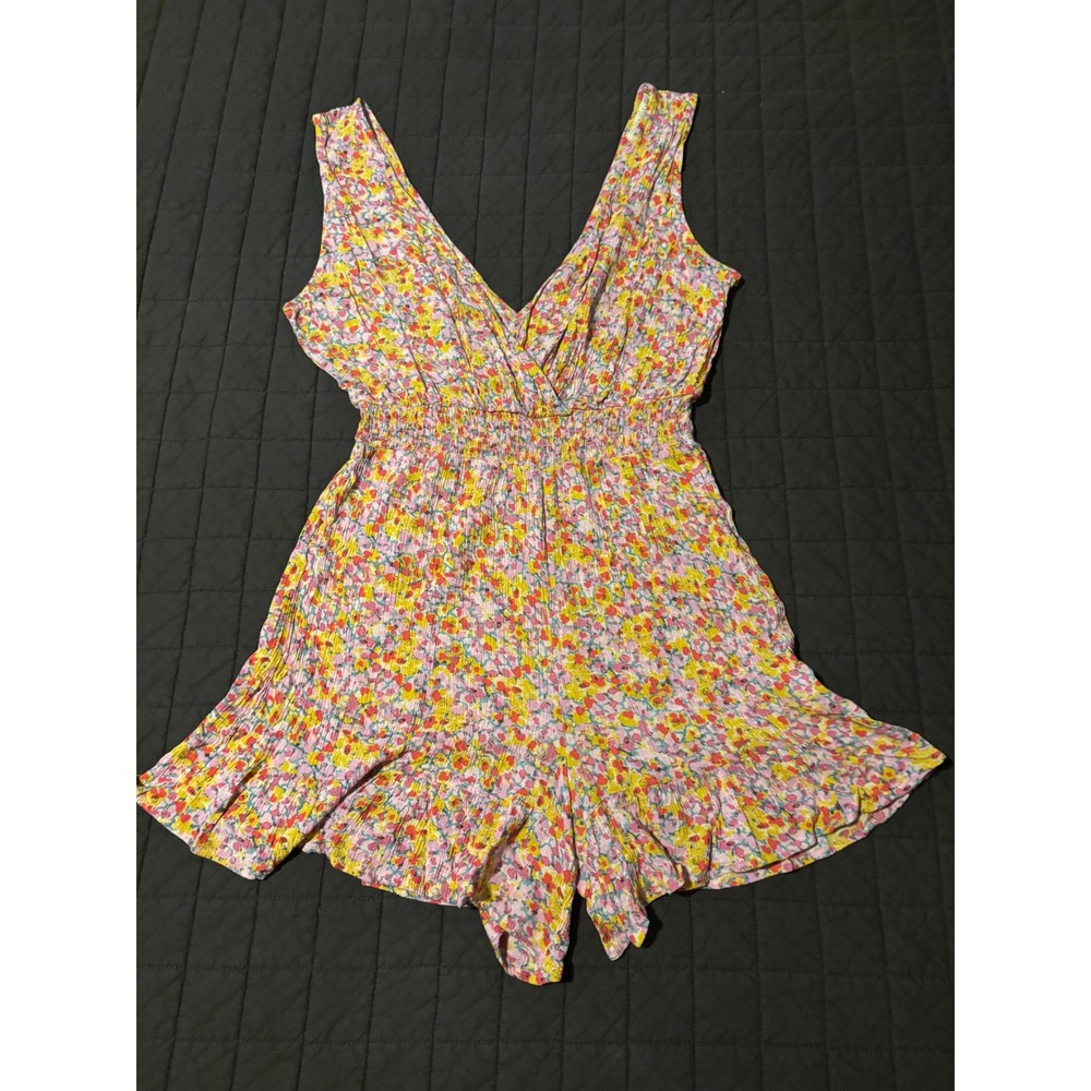 Rewind Floral V-Neck Smocked‎ Waist Ruffle Hem Romper Pink Yellow Medium